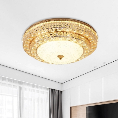 Round Living Room Ceiling Light Contemporary Milk Glass Gold Crystal LED Flush Mount Lamp
