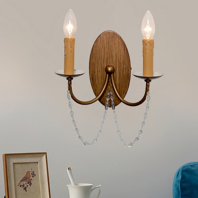 Rustic Flameless Candle Wall Light 2-Head Iron Sconce Lamp in Wood with Crystal Drape