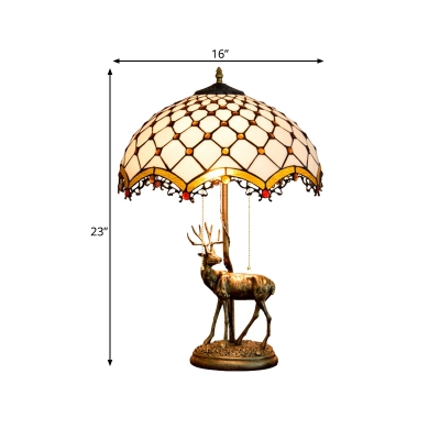 Scalloped Stained Glass Elk Table Light Baroque 2 Bulbs Brown/Yellow and White Beaded/Petal Patterned Desk Lamp with Chain
