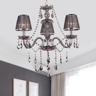 Smoke Grey 3-Bulb Chandelier Pendant Postmodern Gathered Fabric Cone Shape Drop Lamp with Crystal Stands