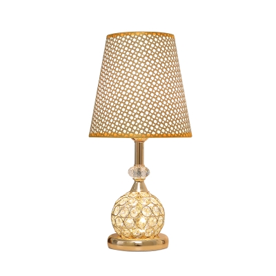 Tapered Bedroom Night Light Traditional Fabric 1 Bulb Gold Table Lamp with Sphere Crystal Base