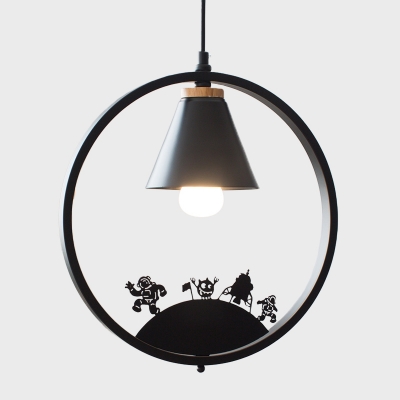 Tapered Iron Hanging Lamp Nordic 1 Light White/Black Ceiling Light with Ring and Sculpture Design