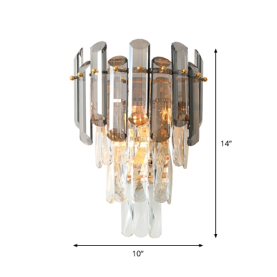 Tiered Tapered Bedside Flush Wall Sconce Mid Century 2-Light Smoke and Clear Crystal Wall Mounted Lamp