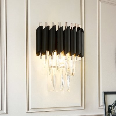 Tube-Edge Tiered Crystal Flush Mount Modern Stylish 2 Bulbs Sitting Room Wall Sconce Light in Black