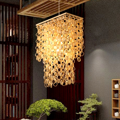 Waterfall Restaurant Suspension Light Bamboo Rattan 2-Bulb Asia Hanging Chandelier with Rectabgle/Round Design in Beige