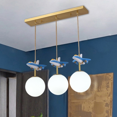 White/Blue Glass Cluster Ball Pendant Kid 3 Bulbs Hanging Lamp with Plane Decoration over Table
