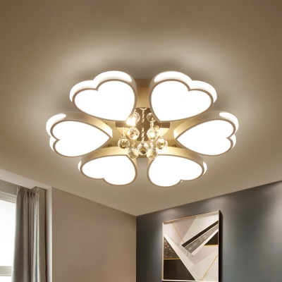 White Loving Heart Ceiling Flush Romantic Modern Acrylic Living Room LED Flush Mounted Light with Crystal Ball Drop