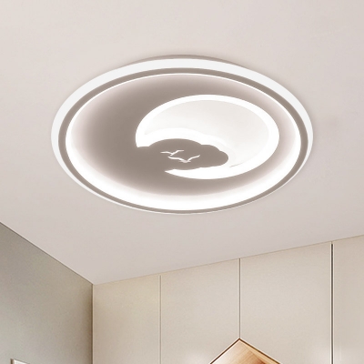 White/Pink Round Ceiling Lamp Kids LED Acrylic Flush Light Fixture with Moon and Bird Pattern