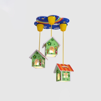 Wood House/Helicopter/Rabbit Flushmount Kids 6 Lights White/Blue/Green Ceiling Mount Light Fixture for Nursery