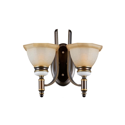 1/2-Head Wall Mount Light Retro Bedroom Petal Wall Sconce with Paneled Bell Tan Glass Shade in Black