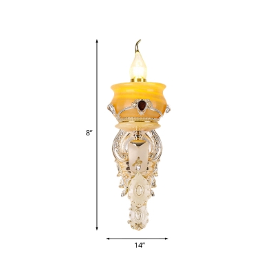 1/2-Head Wall Mounted Fixture Antique Pottery Amber Glass Sconce Lighting in Gold with Crystal Accent