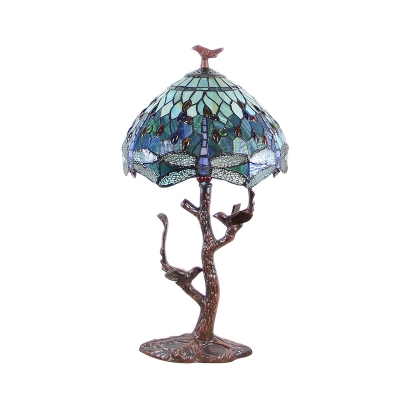1 Head Bedroom Tree Night Light Tiffany Coffee Dragonfly Patterned Nightstand Lighting with Dome Stained Art Glass Shade