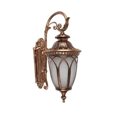1-Head Sconce Lamp Rural Outdoor Wall Light Fixture with Urn White Glass Shade in Black/Bronze