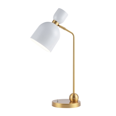 1-Head Study Desk Reading Light Postmodern White-Brass Table Lamp with Swivelable Cloche Iron Shade