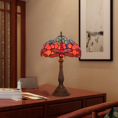 1 Light Bedroom Night Lamp Baroque Bronze Dragonfly Patterned Table Light with Bowl Stained Glass Shade