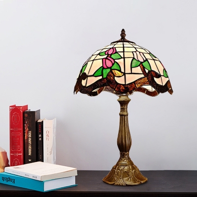 

1-Light Bedside Table Light Victorian Green and White/Red and Yellow Tulip/Sunflower Patterned Night Lamp with Bowl Cut Glass Shade, Green-white;red-yellow, HL626270