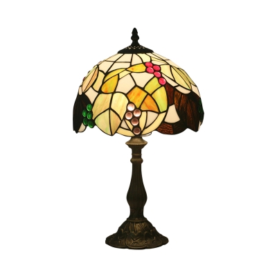 1-Light Grapes Patterned Desk Lamp Baroque Bronze Finish Hand Cut Glass Table Light with Dome Shade