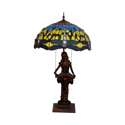 2 Bulbs Bedside Table Lamp Tiffany Style Yellow/Orange/Green Dragonfly Patterned Night Light with Bowl Stained Art Glass Shade