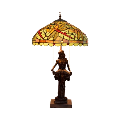 2 Bulbs Bedside Table Lamp Tiffany Style Yellow/Orange/Green Dragonfly Patterned Night Light with Bowl Stained Art Glass Shade