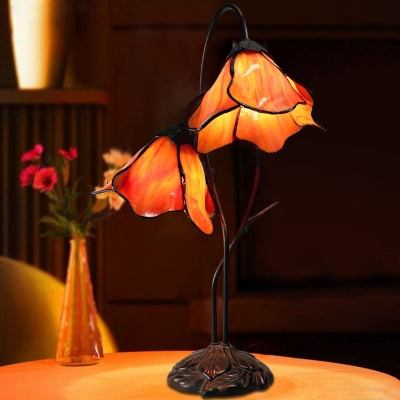 2-Head Lotus Night Lamp Tiffany Beige/Red/Pink Glass Table Lighting with Drooping Arm for Bedroom