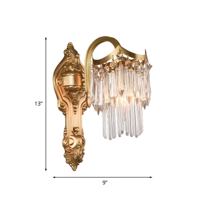 2-Tier Fringe Crystal Wall Mounted Light Antiqued Single Bulb Bedroom Sconce with Brass Carved Backplate