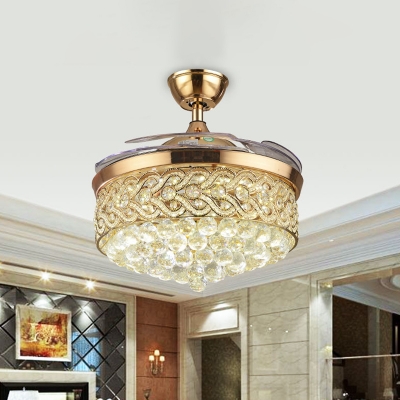 3 Blades Drum Hanging Fan Lamp Contemporary Crystal Ball LED Gold Semi Flush Lighting, 26