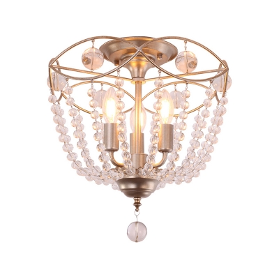 3-Bulb Candle Semi Flush Traditional Gold Crystal Bead Flush Mount Light Fixture for Foyer
