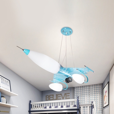 4-Light Boy's Room Chandelier Kids Blue Pendant Lighting with Jet Frosted White Glass Shade