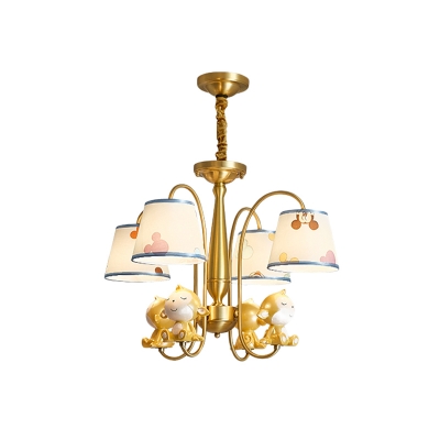 4 Lights Bedroom Chandelier Kid Brass Hanging Lamp with Cone Fabric Shade and Monkey Decor