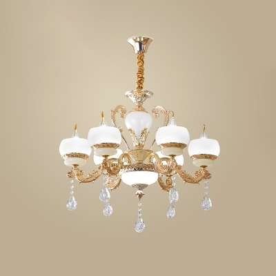6/8-Head Ceiling Chandelier Traditional Dining Table Suspension Light with Bowl Frosted White Glass Shade in Gold