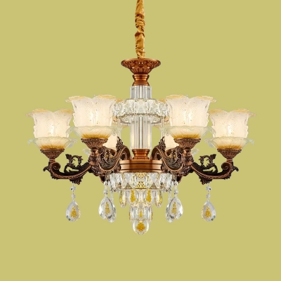 6-Bulb Flower Chandelier Light Mid-Century Brown Frosted Glass Pendant with Crystal Accent