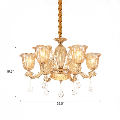 6-Bulb Scalloped Bell Up Chandelier Traditional Gold Crystal Pendant Lighting over Table