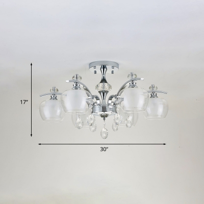 6-Light Cup Semi Flush Mount Chandelier Modern Chrome Clear and Frosted Glass Ceiling Lamp with Crystal Drop