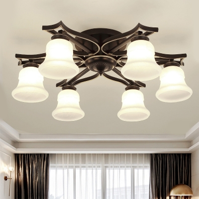 6 Lights Bell Shade Flush Mount Light Rural Style Black Finish White Glass Ceiling Fixture
