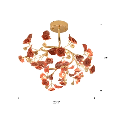 7-Head Ceramic Ceiling Mount Chandelier Romantic Modern Red Rose Blossom Semi Flush Light Fixture with Crystal Accent