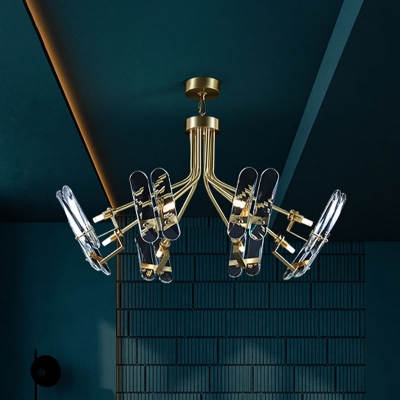 8-Head Burst Designed Flush Chandelier Postmodern Brass Oval Crystal Semi Flush Mount Ceiling Light