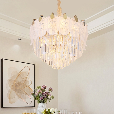 9 Lights Pendant Lighting Modern Layered Clear Crystal Chandelier with Frosted Glass Leaf Decor