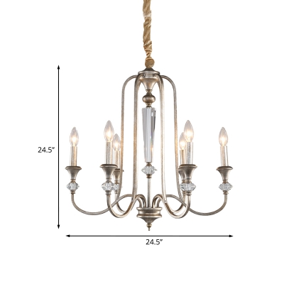 Aged Silver 6 Lights Ceiling Chandelier Farmhouse Iron Candlestick Hanging Lamp with Crystal Detail