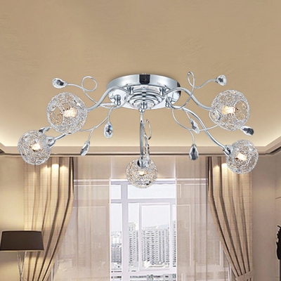 Aluminum Wire Woven Ball Semi Flush Light Modern Style 5 Heads Ceiling Lighting with Branch Design in Chrome
