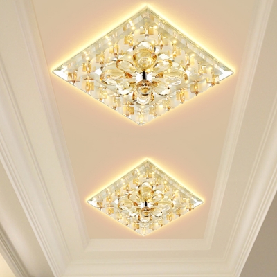 Amber Crystal Square Ceiling Lighting Contemporary LED Hallway Flush Light in Warm/White Light