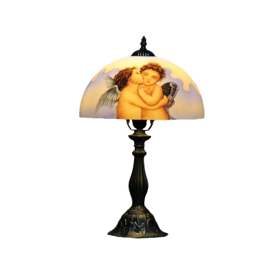 Angel-Painted Glass Dome Night Lamp Vintage 1 Light Bronze Finish Table Lighting for Living Room