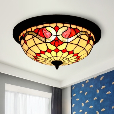 Baroque Wide Bowl Flushmount Lighting Handcrafted Stained Glass LED Ceiling Light in Black