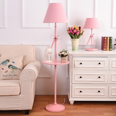 Barrel Floor Standing Light Nordic Fabric 1-Head Beige/Pink Stand Up Lamp with Bow Design and Storage Disc