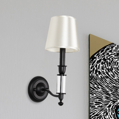 Black Candle Wall Sconce Minimalist Iron 1 Head Parlor Wall Light with White Cone Fabric Shade