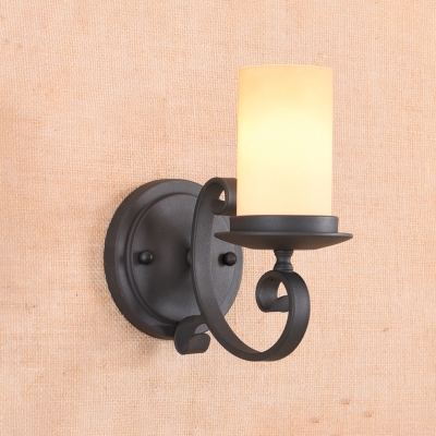 Black Scroll Arm Wall Light Rustic Iron Single Bedside Sconce Lighting with Pillar Frosted Glass Shade