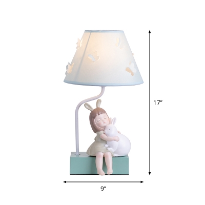 Green 1 Head Table Light Korean Garden Fabric Conical Night Stand Lamp with Girl and Rabbit Decor