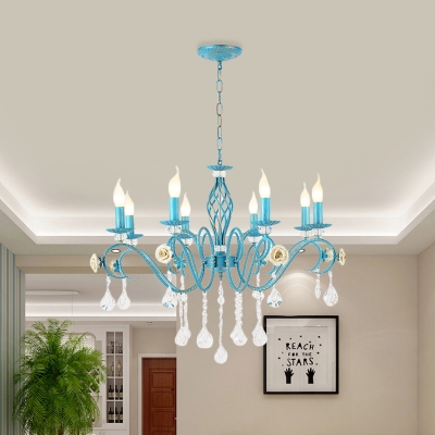 Blue Candle Chandelier Lamp Korean Garden Iron 3/5/8 Lights Dining Room Pendant with Crystal Drop