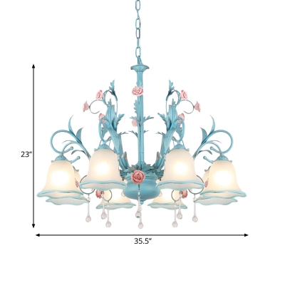 Blue Flower Pendant Chandelier Pastoral Opal Glass 3/5/8-Light Bedroom Drop Lamp with Draping