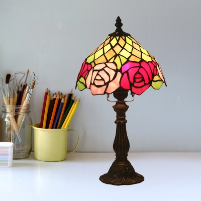 Bowl Shaped Nightstand Light 1-Bulb Stained Glass Baroque Rose Patterned Desk Lighting in Dark Coffee