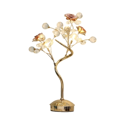 Branch Bedroom Table Light Korean Flower Metal White/Pink LED Night Lamp with Crystal Accent